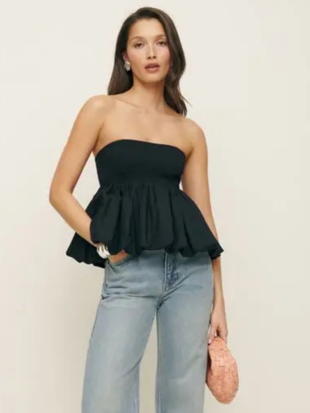 Reformation Black Strapless Peplum Top